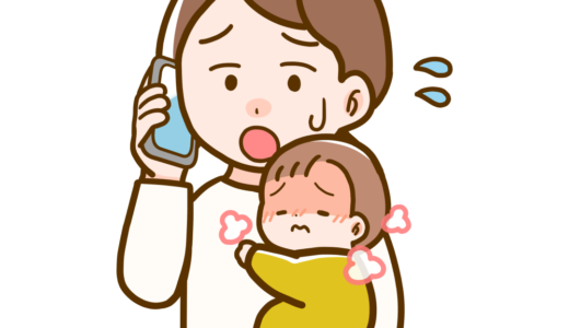 【医療・病気・症状・人】赤ちゃん発熱して病院に電話を掛けるお母さんのフリーイラスト